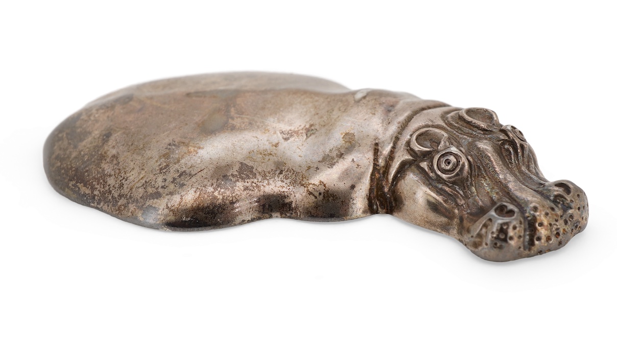 A late 20th century Patrick Mavros white metal novelty paperweight, modelled as a 'submerged' hippopotamus